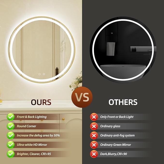 30 Inch Round Gold Framed LED Bathroom Mirror with Lights,Wall-Mounted Lighted Bathroom with 3 Colors Brightness,Anti-Fog,Dimmable Brightness, Waterproof, Tempered Glass, Frontlit & Backlit