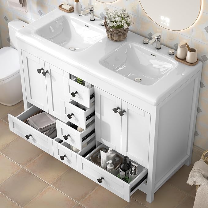 46.7 inch Bathroom Sink Vanity Combo, Large Freestanding Double Bath Vanity Sink Set with 2 Cabinets & 6 Drawers, Dual Basin Modern Bathroom Storage Cabinet, Modern White