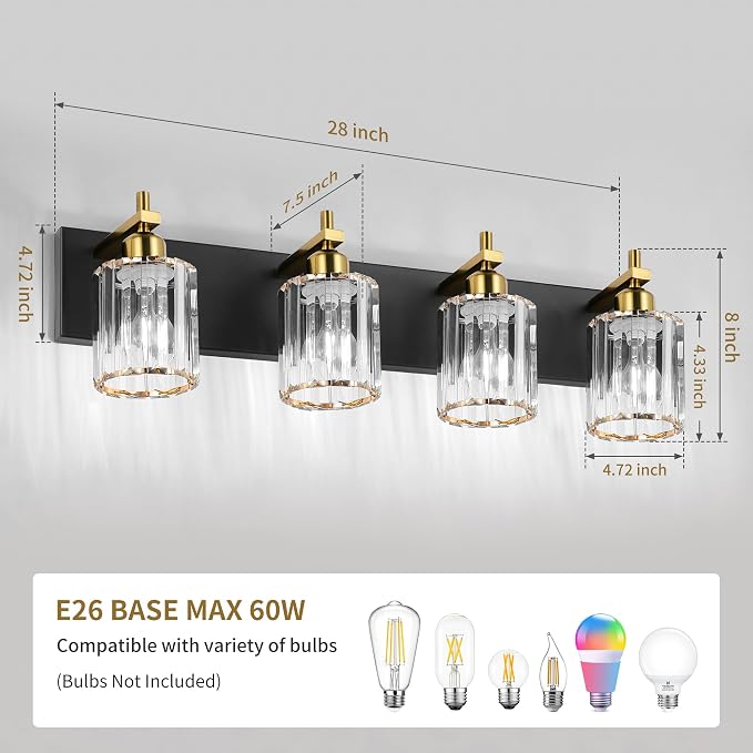 She's home 4 Light Crystal Vanity Lights for Bathroom - Black and Gold Modern Bathroom Vanity Lights Over Mirror 28 Inch, Bathroom Wall Lighting E26 Base