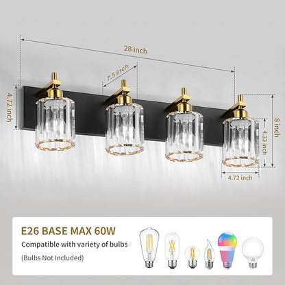 She's home 4 Light Crystal Vanity Lights for Bathroom - Black and Gold Modern Bathroom Vanity Lights Over Mirror 28 Inch, Bathroom Wall Lighting E26 Base