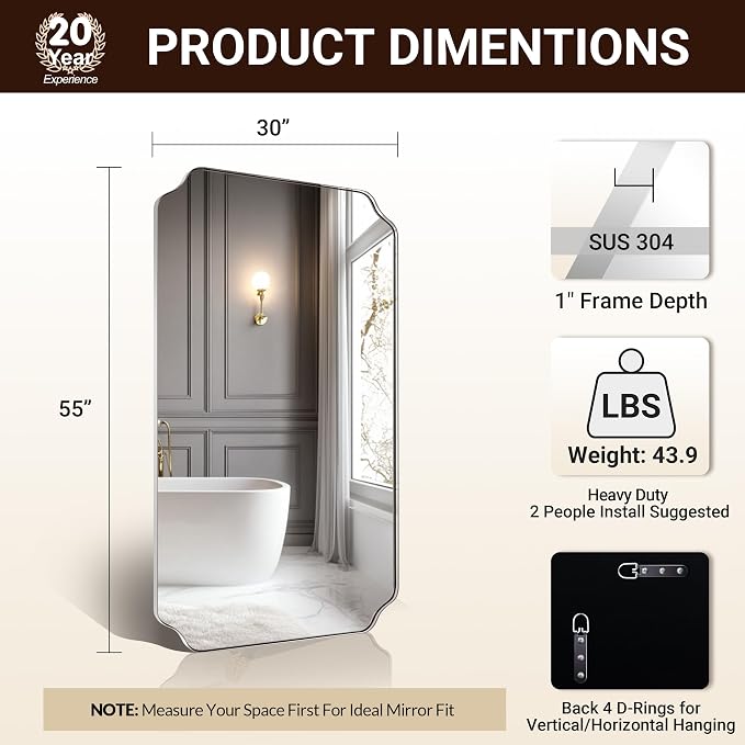 30"x55" Large Bathroom Mirror, Chrome Scalloped Mirror for Wall, Full Length Wall Mirror with Unique Notched Corner Design, Hangs Vertically or Horizontally
