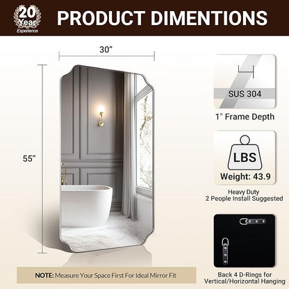 30"x55" Large Bathroom Mirror, Chrome Scalloped Mirror for Wall, Full Length Wall Mirror with Unique Notched Corner Design, Hangs Vertically or Horizontally