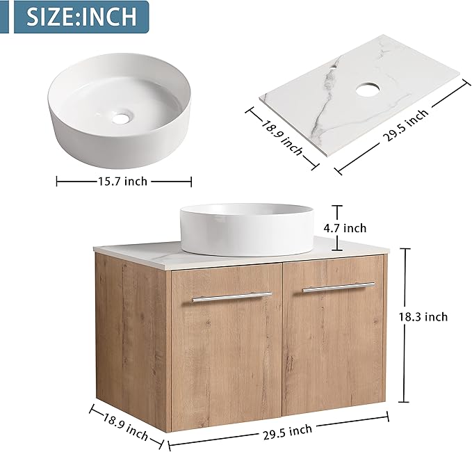 30" Floating Vanity with Sink, 30 Inch Bathroom Vanity with Sink, Modern Plywood Floating Cabinet with Sintered Stone Countertop and White Ceramic Basin, Soft Close Doors
