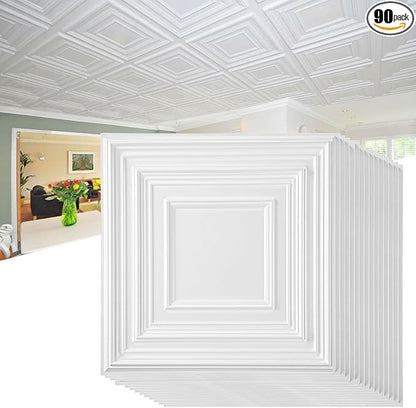 Nuanchu 90 Pcs Drop Ceiling Tiles 12x12 Inch, Glue up PVC Wall Panels,White | Cuttable, Paintable, DIY, Waterproof, 3D Decorative Ceiling Panels for Bathroom Kitchen TV Background Living Room