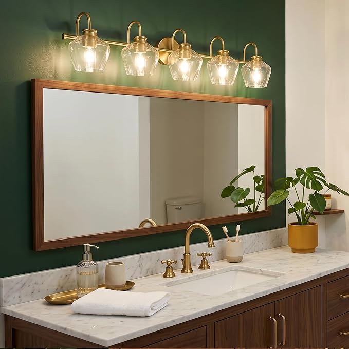 Brushed Gold Vanity Light, 5 Light Bathroom Light Fixtures with Clear Diamond-Shape Hammered Glass, Brass Vintage Ripple Wall Lights for Hallway, Bedroom, Anti-Rust, E26 Base (No Bulbs)