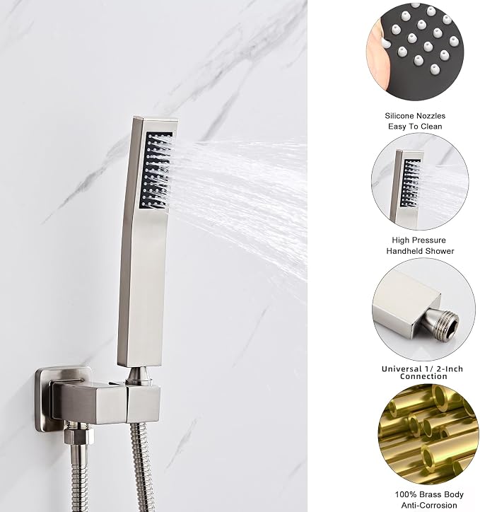 Brushed Nickel Square Hand Shower Head, handheld shower head with hose,Brass High Pressure Rinse With Adjustable Water Supply Elbow Wall Mount Connector Shower Bracket and Hose Set