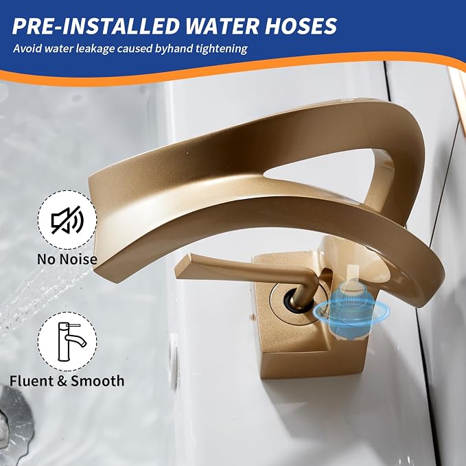 Bathroom Sink Faucet Waterfall Champagne Gold Creative Hollowed Body | One Hole Single Handle Elegant Antique Design Faucet Vanity Basin Deck Mount Lavatory Brass
