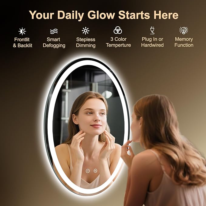 Oval LED Mirror for Bathroom,24x36 Lighted Vanity Mirror with Lights | Smart Anti-Fog, Dimmable 3 Color Modes, Backlit+Frontlit, Memory Function, HD Tempered Glass,Touch Sensor,Horizontal/Vertical