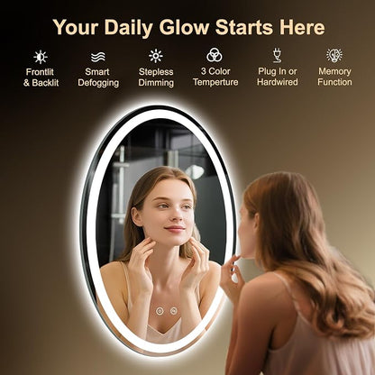 Oval LED Mirror for Bathroom,24x36 Lighted Vanity Mirror with Lights | Smart Anti-Fog, Dimmable 3 Color Modes, Backlit+Frontlit, Memory Function, HD Tempered Glass,Touch Sensor,Horizontal/Vertical