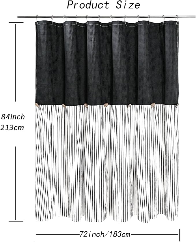 DOSLY IDÉES Farmhouse Shower Curtain, Black and Black Striped, Button Curtain, Spa Waffle and Cotton Woven Fabric, Rustic Charm Country Chic Style, 72x84 in