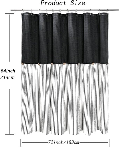 DOSLY IDÉES Farmhouse Shower Curtain, Black and Black Striped, Button Curtain, Spa Waffle and Cotton Woven Fabric, Rustic Charm Country Chic Style, 72x84 in