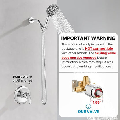 gotonovo Shower Faucet Set with Valve Kit 6 Mode Handheld Polished Chrome | Bathroom Shower Head and Handle Set,6 Modes ABS Handheld Spray,Pressure Balance Valve and Trim Kit Complete,Single-Handle