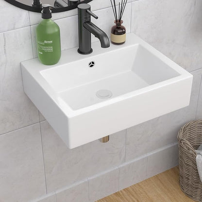 Rectangle Wall Mounted Bathroom Sink 22"x18" | Porcelain Floating Bathroom Sink Wall Hung White Ceramic Vanity Sink for Restroom, Toilet, Lavatory Room