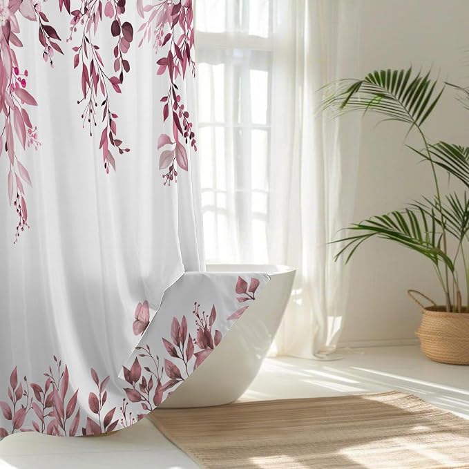 Dark Red Floral Eucalyptus Shower Curtain with Hooks, 72x78 Inch | Waterproof Fabric, Watercolor Leaves and Floral, Botanical Style, Machine Washable, Quick-Drying, for Hotel Bathroom