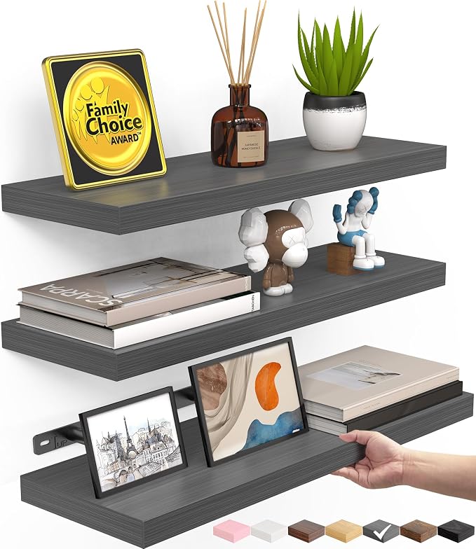 BAYKA Grey Floating Shelves 15.7in, Set of 3, Wall Mounted for Wall Decor | Easy Install, 22lbs Max Load, Hidden Bracket, Shelving for Bathroom Bedroom Kitchen Display Storage, Multi-Wall Compatible