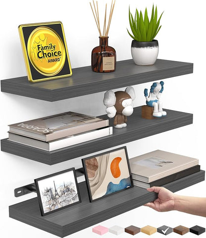 BAYKA Grey Floating Shelves 15.7in, Set of 3, Wall Mounted for Wall Decor | Easy Install, 22lbs Max Load, Hidden Bracket, Shelving for Bathroom Bedroom Kitchen Display Storage, Multi-Wall Compatible