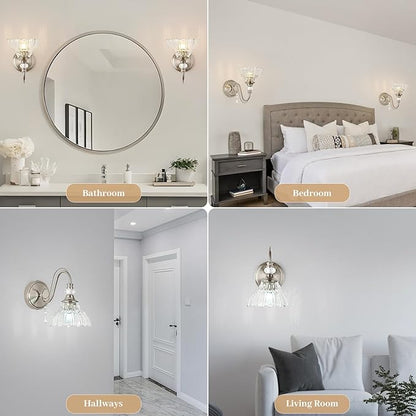 1 Piece Brushed Nickel Finish Wall Sconce, 1-Light Modern Wall Sconce with Hanging Crystal Accents and Flower-Shaped Clear Shades for Bathroom Bedroom Living Room,Modern Vanity Light