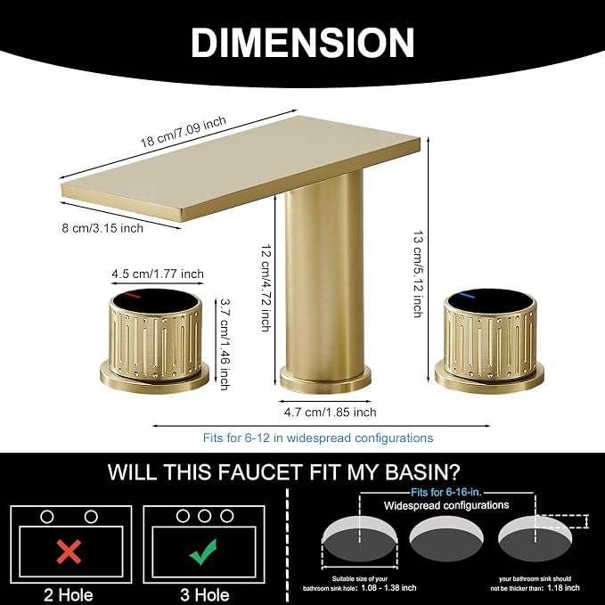 becola Brushed Gold Bathroom Faucet 3 Hole, 8 inch Widespread Bathroom Faucet with Top Storage, Waterfall Bathroom Faucet，2-Handle Modern Vanity Faucet with Adjust Knobs and Two Supply Lines