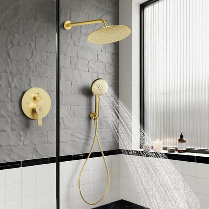 Shower Faucet Set Brass 10IN Rough-In Valve Body Trim Kit Rainfall Included Handle Accessories Complete 2 Functions with Rain Head and Handheld Bathroom Systems (10'', Brushed Gold)