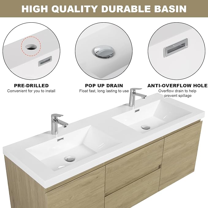 Pre-Assembled 60" Floating Bathroom Vanity with 2 Sinks, Natural Oak | Wall-Mounted Bathroom Vanity with Solid Surface Top Basin, 2 Soft Close Drawers and 2 Doors, Easy to Install & Clean
