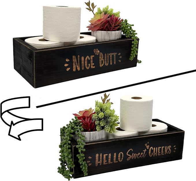 Admired by Nature Hello Sweet Cheeks Solid Wood Toilet Paper Holder, Farmhouse Décor, Toilet Paper Storage, Bathroom Accessories, Bathroom Décor, for Home Décor Bathroom Organizer (Black)