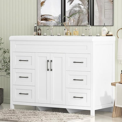 48 inch Bathroom Vanity with Double Sink, Modern Bathroom Storage Cabinet with Undermount Ceramic Sink, Soft Closing Doors and 6 Drawers, White