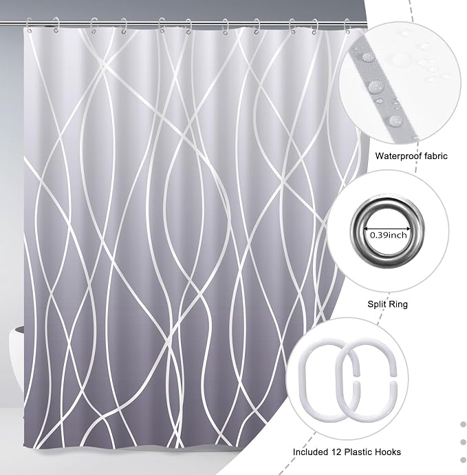 Striped Shower Curtain for Bathroom, Ombre Purple, 72" W x 72" L | with Hooks, Modern Hotel Style, Water Repellent, Washable, Weighted Hem