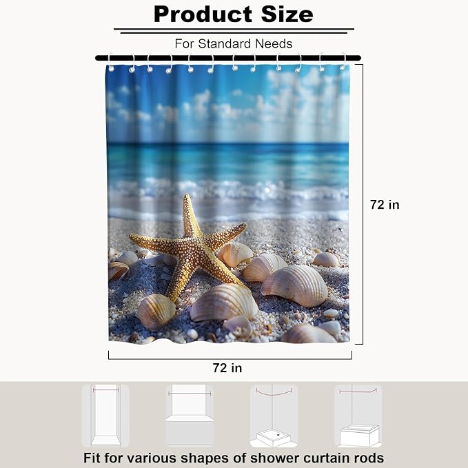 Beach Ocean Shower Curtain, Rustic Luxury Coastal Nautical Aesthetic Seashell Shower Curtains for Bathroom, Waterproof Bath Curtain with Hooks Machine Washable Bathtub Curtains 72x72 Inch Blue