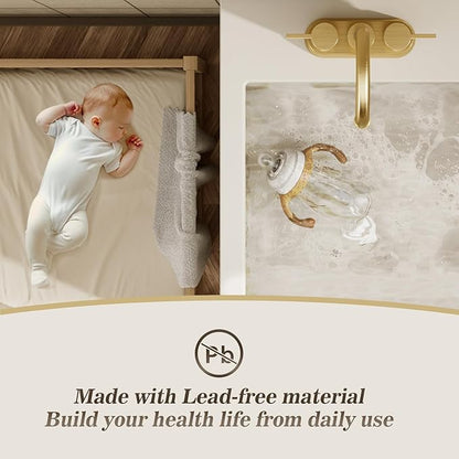 Phiestina Brushed Gold 4 Inch 2 Handle Centerset Lead-Free Bathroom Faucet 2 Pack, Swivel Spout with Copper Pop Up Drain and 2 Water Supply Lines,BF15-1-BG-2PACK