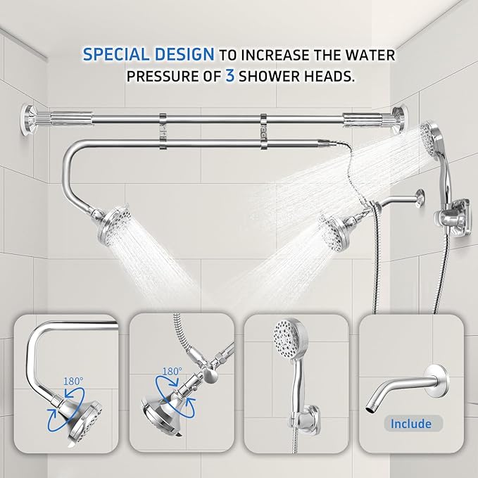 OURBAOFU Tandem Shower, Dual Shower Heads for Couples & Handheld head, Triple Shower Head System for Two People, High Pressure and Adjustable Double Shower Heads and Handheld Shower Head（Silver)