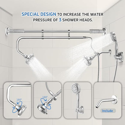 OURBAOFU Tandem Shower, Dual Shower Heads for Couples & Handheld head, Triple Shower Head System for Two People, High Pressure and Adjustable Double Shower Heads and Handheld Shower Head（Silver)