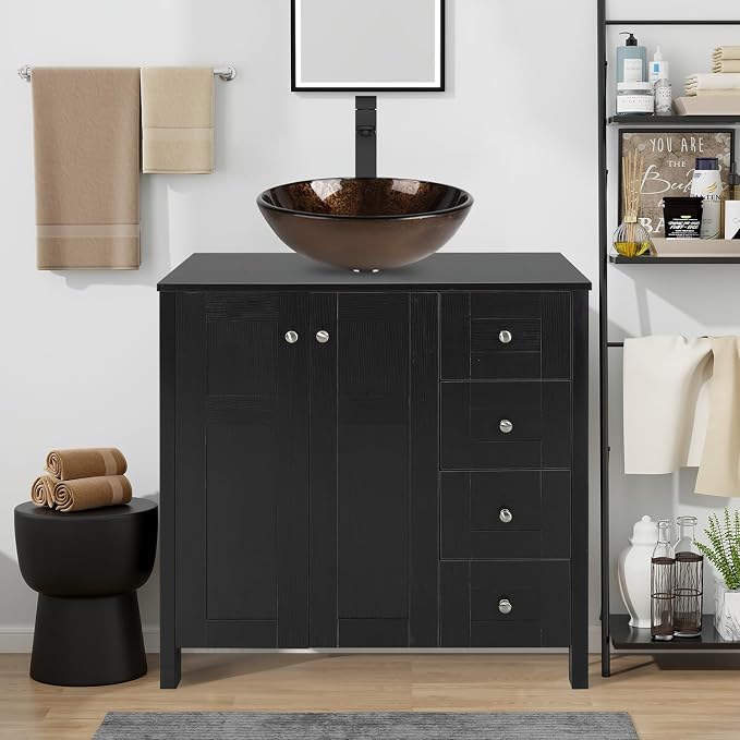 32'' Bathroom Vanity with Sink, Modern Bathroom Cabinet, Black | 2 Soft-Close Cabinet Doors, 4 Drawers, 2-Tier Inner Shelf, Freestanding Large Storage Cabinet, Brown Round Glass Sink