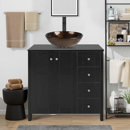 32'' Bathroom Vanity with Sink, Modern Bathroom Cabinet, Black | 2 Soft-Close Cabinet Doors, 4 Drawers, 2-Tier Inner Shelf, Freestanding Large Storage Cabinet, Brown Round Glass Sink