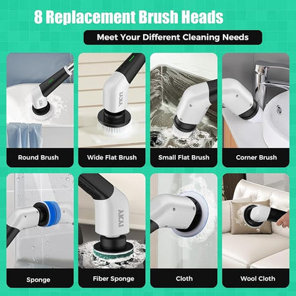 YKYI Electric Spin Scrubber, Cordless Power Cleaning Brush with Long Handle | 8 Brush Heads, 3 Handle Lengths, 2 Speeds, IPX7 Waterproof, 100-Minute Runtime for Tubs, Tile, Floors, Grout, Glass and Cars