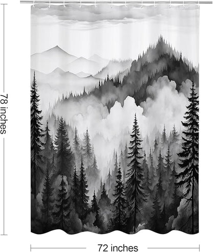 Litabel Black Long Misty Pine Forest Shower Curtain 72 x 78, Mountain Foggy Woodland Scenery Tree 78 Inch Long Shower Curtains for Bathroom, Abstract Waterproof Nature-Themed Decor