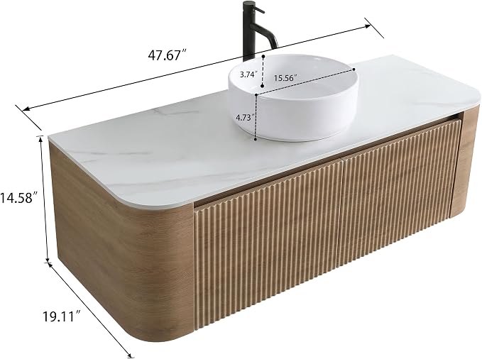 48" Preassembled Floating Bathroom Vanity with Round Sink, Oak | Mid-Century Modern Style, Fluted & Soft-Close Drawer with U-shaped Wall, Sinterted Stone Countertop, Towel Rack Included
