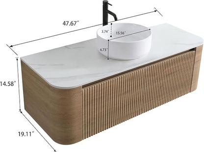 48" Preassembled Floating Bathroom Vanity with Round Sink, Oak | Mid-Century Modern Style, Fluted & Soft-Close Drawer with U-shaped Wall, Sinterted Stone Countertop, Towel Rack Included