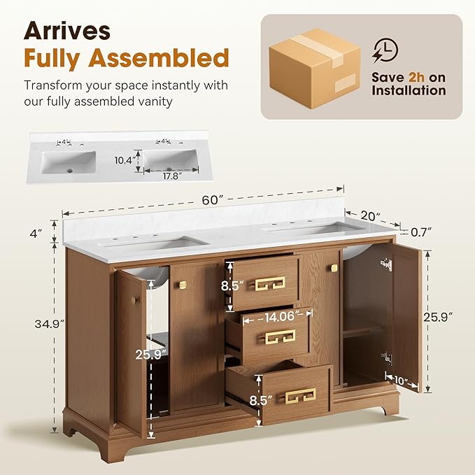 60 Inch Double Sink Bathroom Vanity, Light Walnut | Fully Assembled Bathroom Sink Cabinet, Marble Countertop & Backsplash, Soft Closing 4 Doors & 3 Drawers, Adjustable Shelves