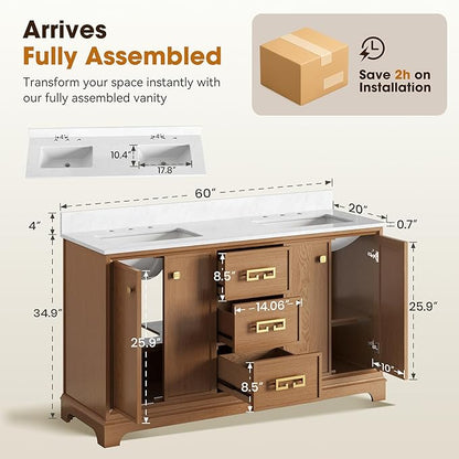 60 Inch Double Sink Bathroom Vanity, Light Walnut | Fully Assembled Bathroom Sink Cabinet, Marble Countertop & Backsplash, Soft Closing 4 Doors & 3 Drawers, Adjustable Shelves