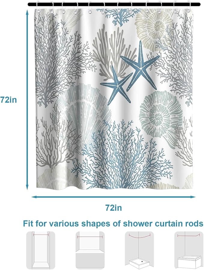 Modern Ocean Rustic Shower Curtain, Coastal Summer Aesthetic Unique Seashell Shower Curtains for Bathroom, Waterproof Bath Curtain with Hooks Machine Washable Bathtub Curtains 72x72 Inch Blue