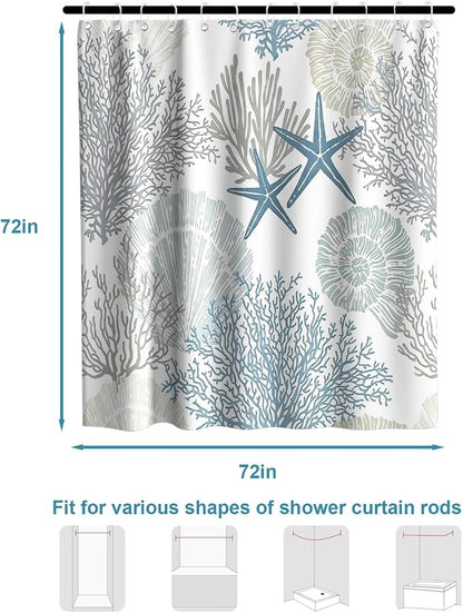 Modern Ocean Rustic Shower Curtain, Coastal Summer Aesthetic Unique Seashell Shower Curtains for Bathroom, Waterproof Bath Curtain with Hooks Machine Washable Bathtub Curtains 72x72 Inch Blue