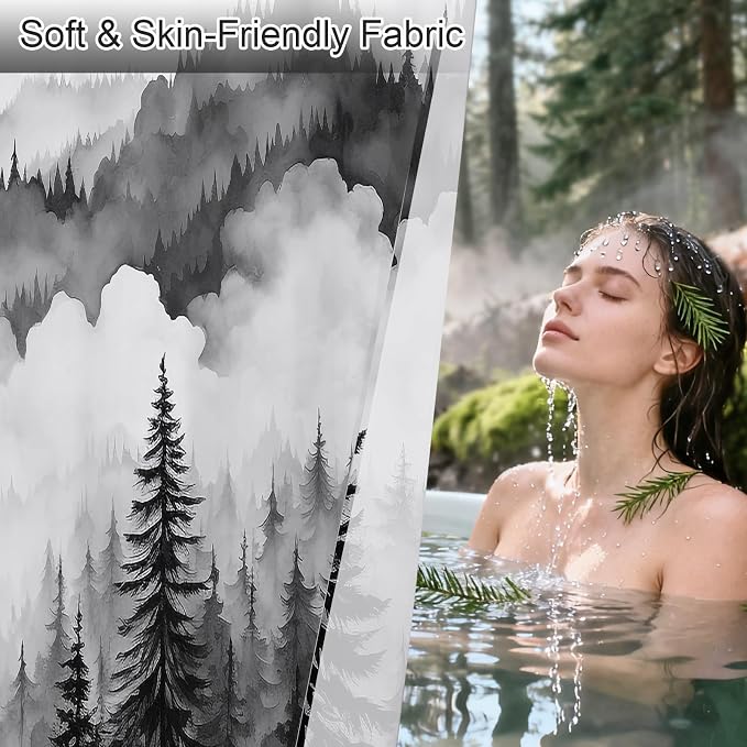 Litabel Black Extra Long Misty Pine Forest Shower Curtain 72 x 84, XL Mountain Foggy Woodland Scenery Tree Shower Curtains for Bathroom, Abstract Waterproof Nature-Themed Decor