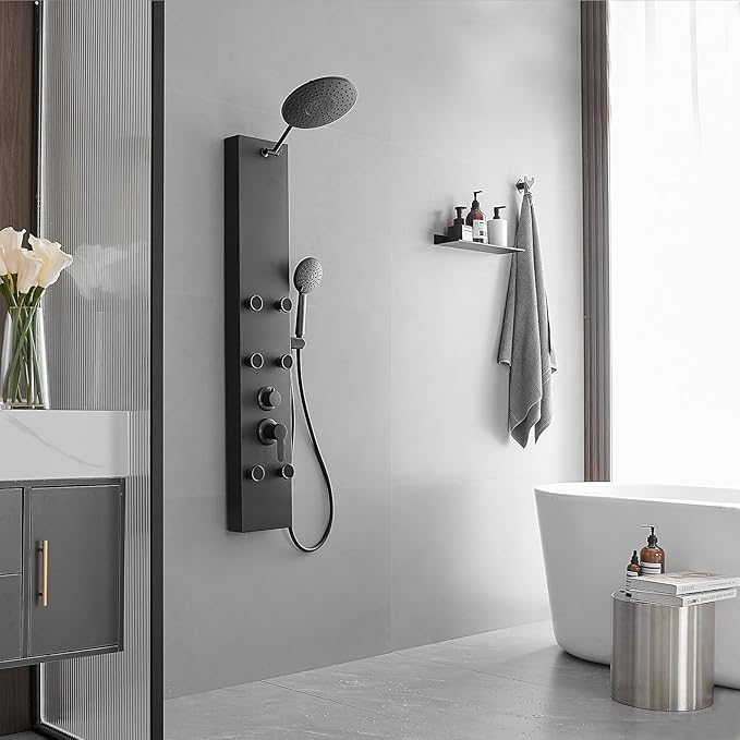 Black Shower Panel Tower System with Rainfall Shower Head, 304 Stainless Steel Shower Panels System with 9-inch Rainfall Shower 6 Rain Massage Body Jets for Bathroom Lavatory Wash