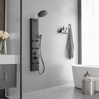 Black Shower Panel Tower System with Rainfall Shower Head, 304 Stainless Steel Shower Panels System with 9-inch Rainfall Shower 6 Rain Massage Body Jets for Bathroom Lavatory Wash