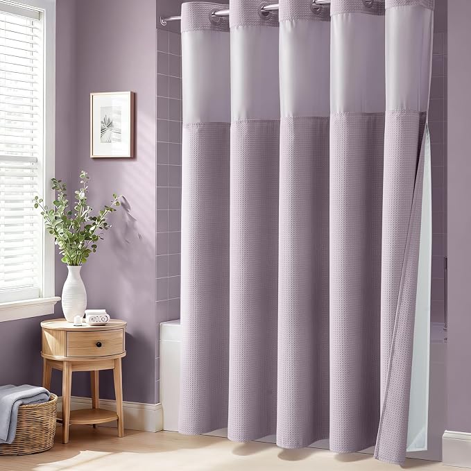 Lavender Hook Free Waffle Shower Curtain & Snap Fabric Liner,72x99 | Less Time to install, 3 in 1 Fabric Shower Curtain and Liner Set with Magnets, Extra Long, Shower Curtains for Bathroom