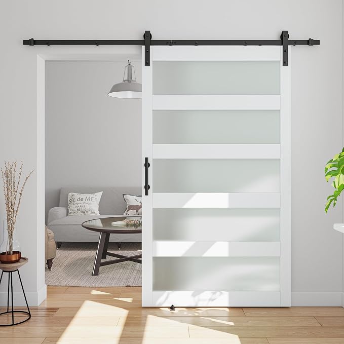 48in x 84in 5-Panel Sliding Glass Barn Door with 4ft Hardware Kit | Easy Assembly with Pre-Drilled Holes, Waterproof, Frosted Glass for Bathroom-Fit Max Opening 46in x 82in