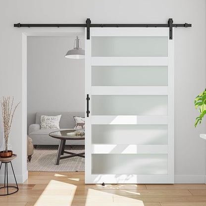 42in x 84in 5-Panel Sliding Glass Barn Door with 4ft Hardware Kit | Easy Assembly with Pre-Drilled Holes, Waterproof, Frosted Glass for Bathroom-Fit Max Opening 40in x 82in