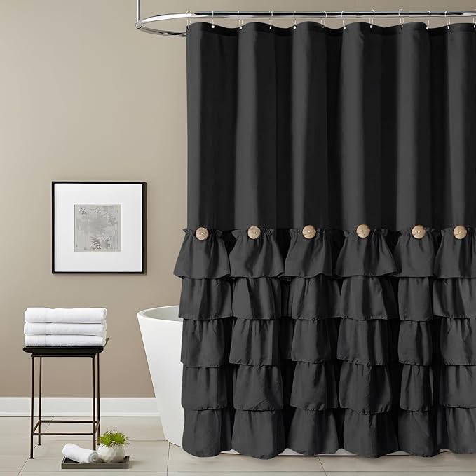 Seasonwood Black Ruffle Shower Curtain Farmhouse Shower Curtain 72 X 84 | Natural button accents, layered fabric tiers, shabby chic and French country styling for decorative bathroom updates