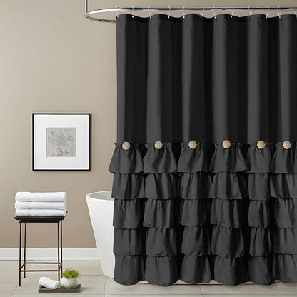 Seasonwood Black Ruffle Shower Curtain Farmhouse Shower Curtain 72 X 84 | Natural button accents, layered fabric tiers, shabby chic and French country styling for decorative bathroom updates
