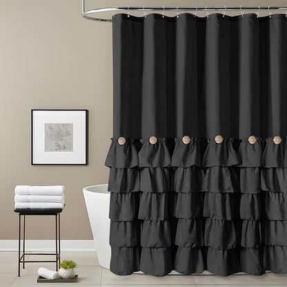 Seasonwood Black Ruffle Shower Curtain Farmhouse Style Black Fabric Shower Curtain Nature Button Chic Ruffles and French Country Style 72×78
